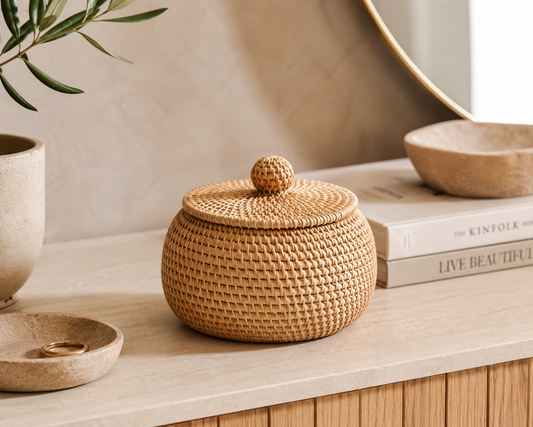 Boîte ronde en rotin tressé dans un intérieur naturel – HAVLY
