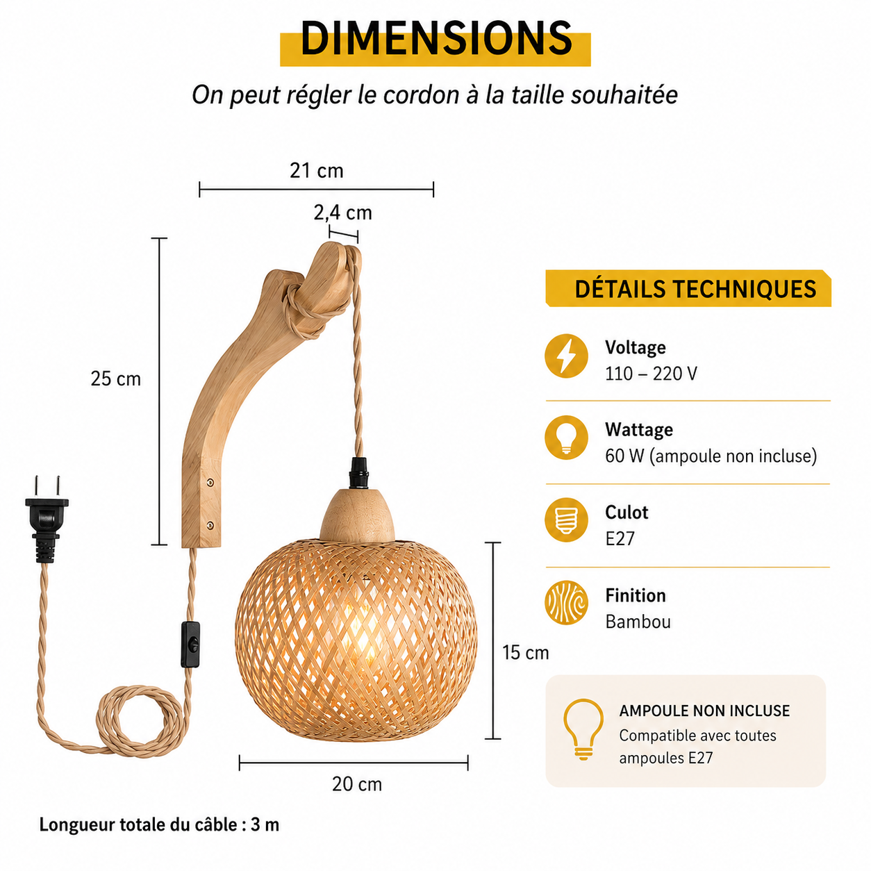Lampe murale bambou, schéma des dimensions