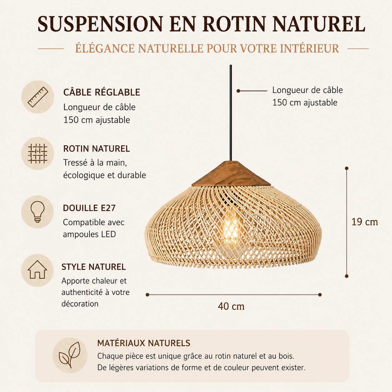 Lustre en rotin japonais — Osier Naturel