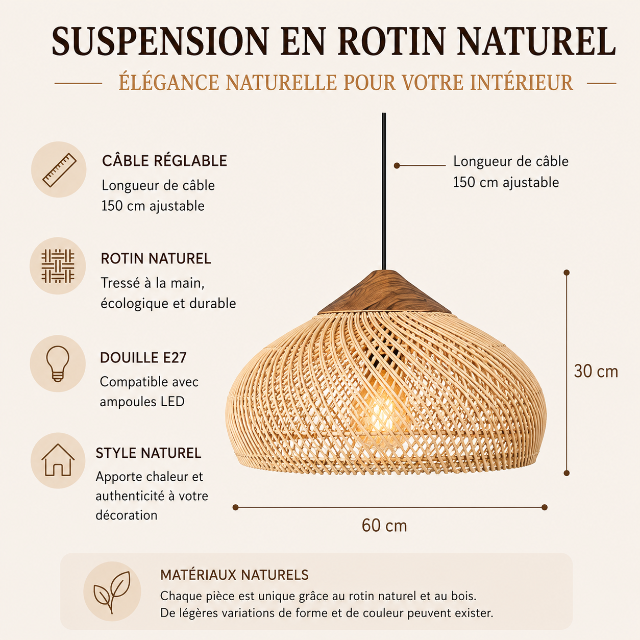 Lustre en rotin japonais — Osier Naturel