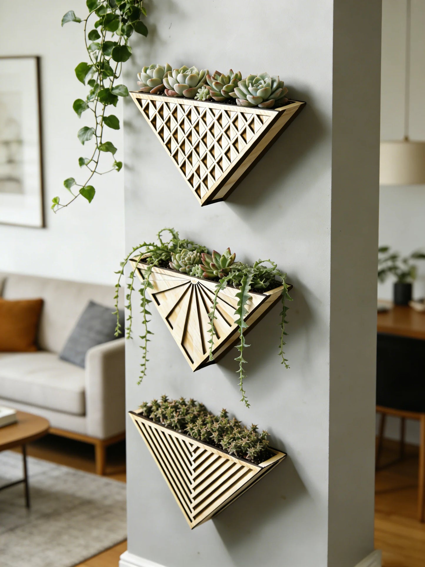 Jardinière murale bois avec plante suculente