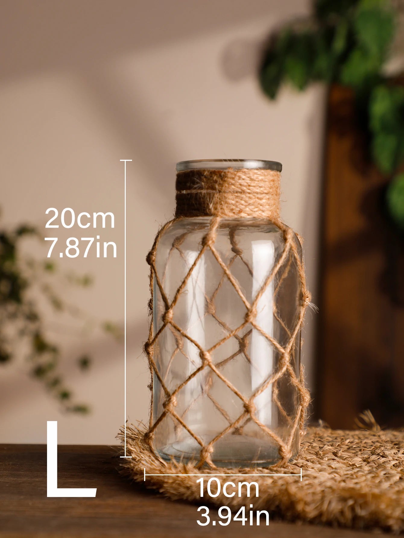 Vase suspendu verre chanvre alignés à différentes hauteurs
