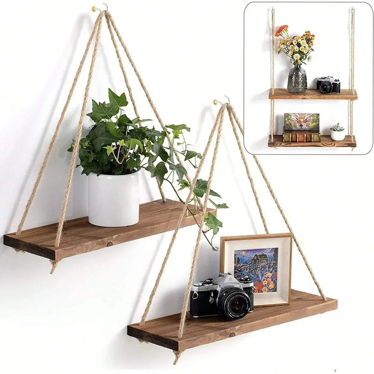 Étagère balançoire bois chanvre dans un intérieur naturel