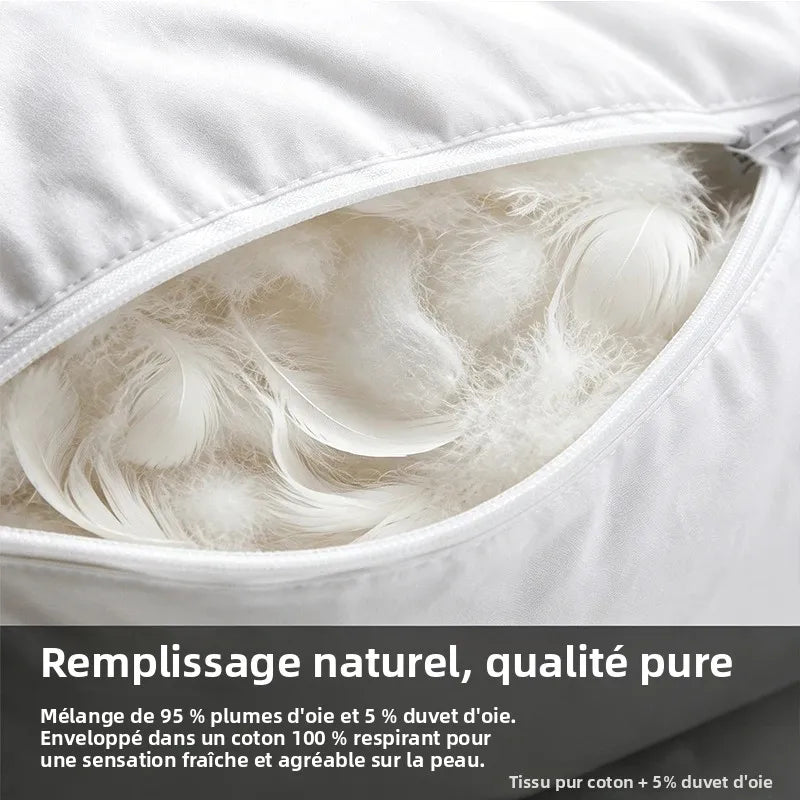 Oreiller duvet d'oie, vue de profil gonflé