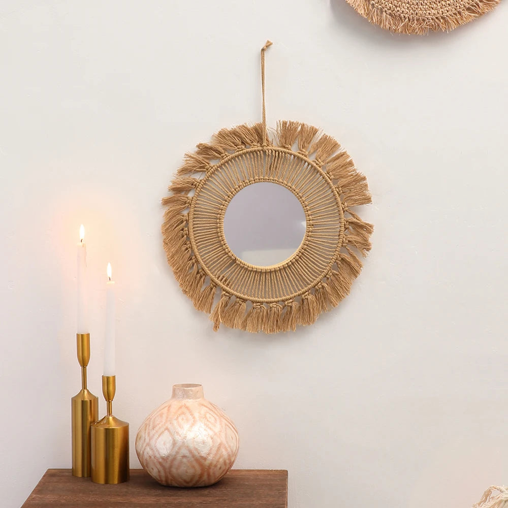 Miroir macramé rond, détail des franges du bas