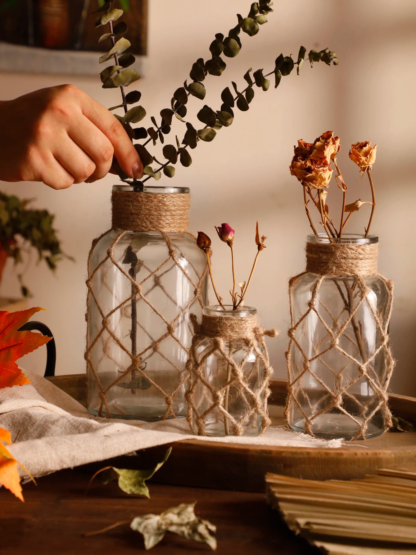 Vase suspendu verre chanvre, vue de profil