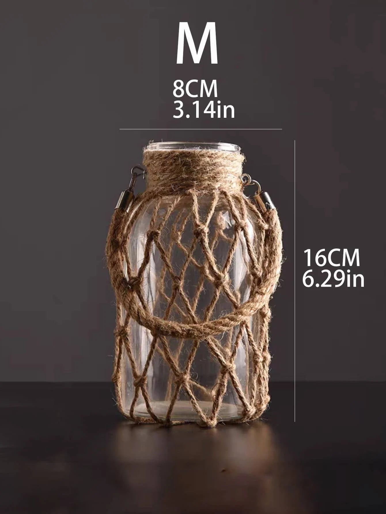 Vase suspendu verre chanvre, vue de trois quarts