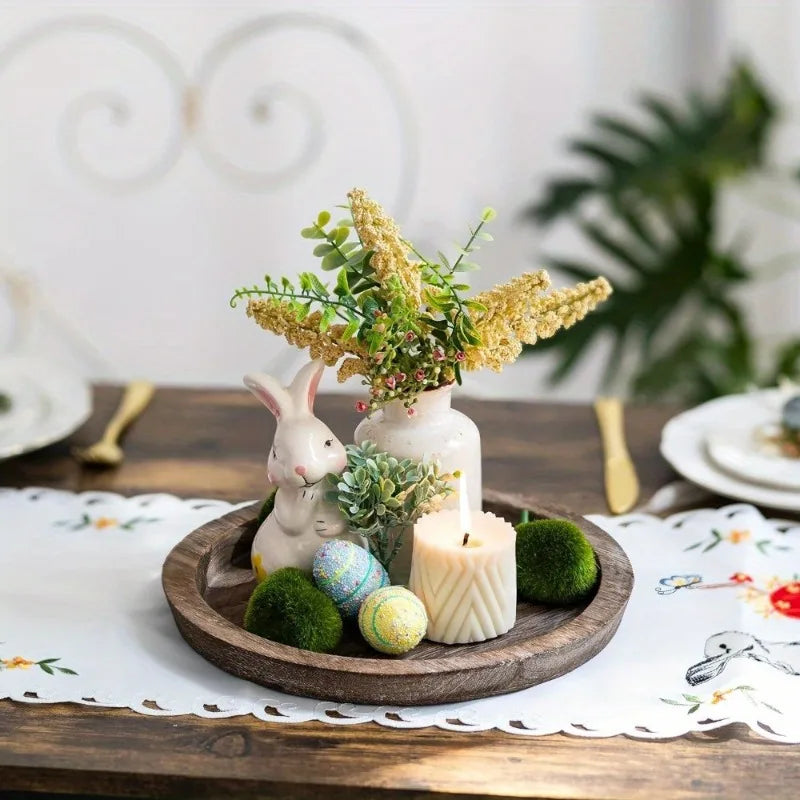 Plateau bois rond avec bougie et accessoires