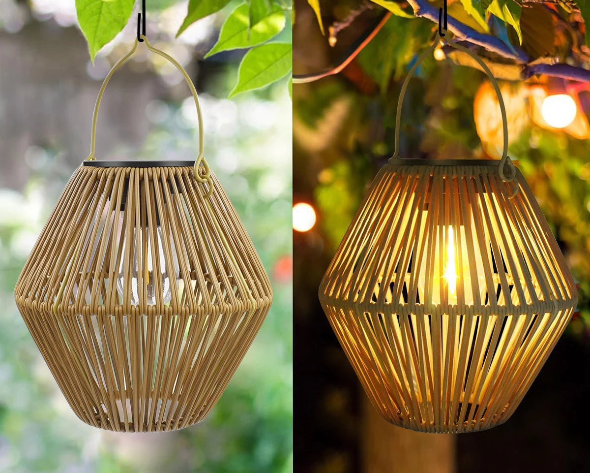 Lanterne solaire boho allumée dans un jardin