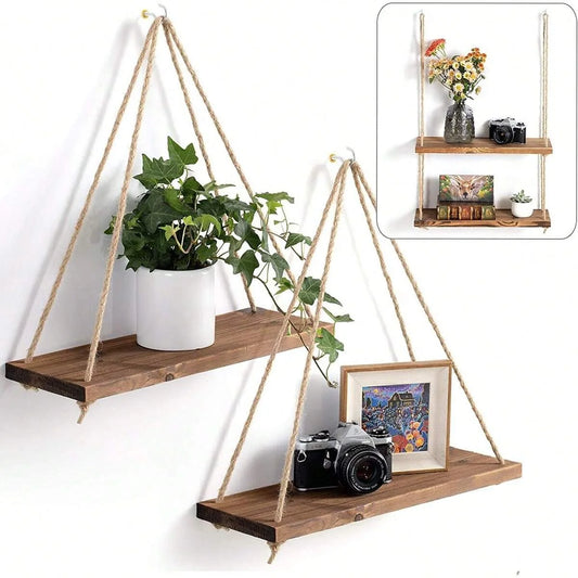 Étagère suspendue en bois et corde naturelle – HAVLY