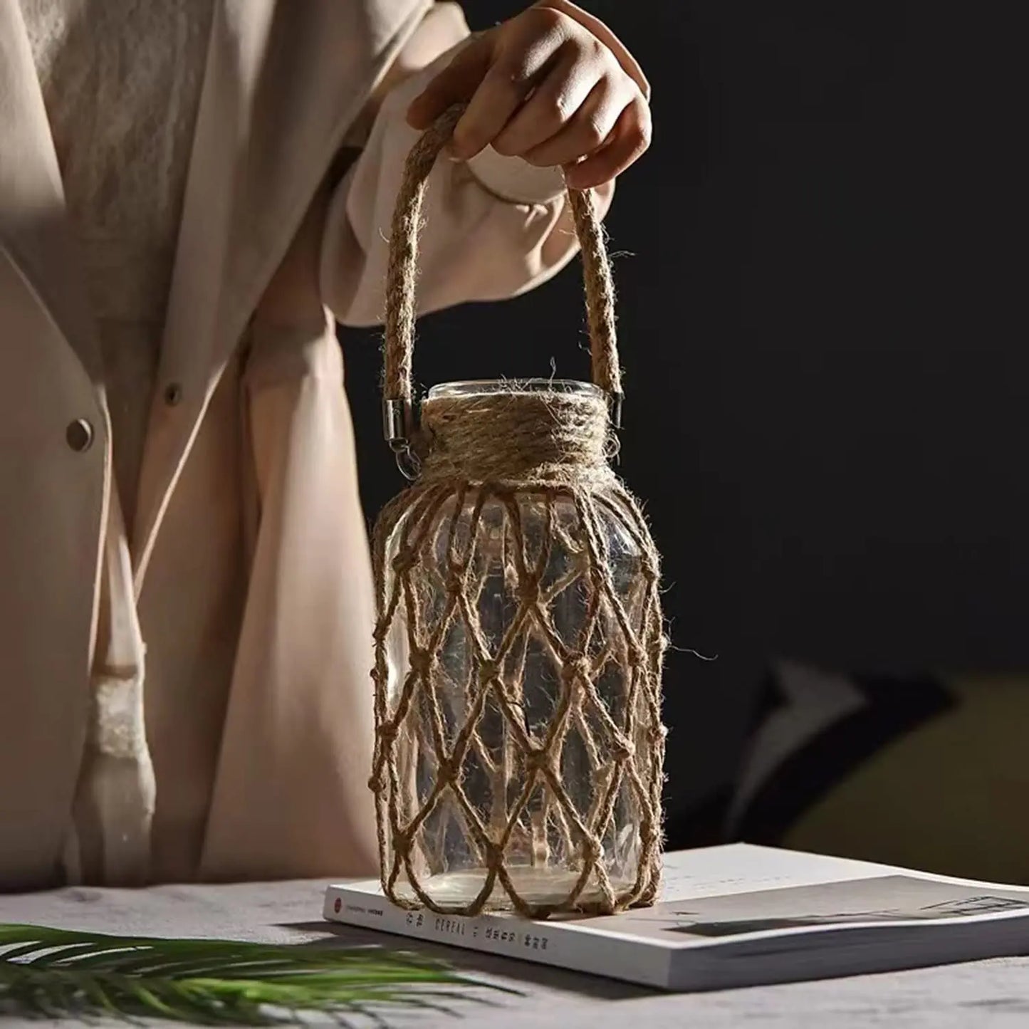 Vase suspendu verre chanvre avec plante aquatique