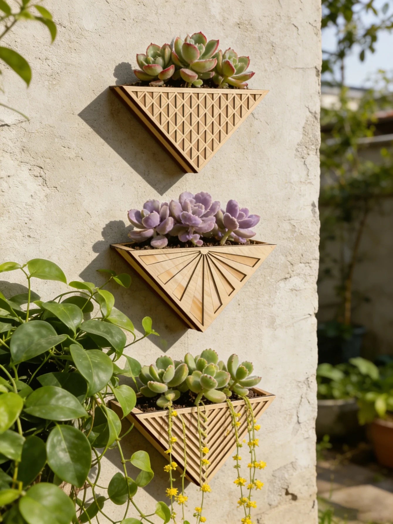 Jardinière murale triangulaire bois installée sur un mur